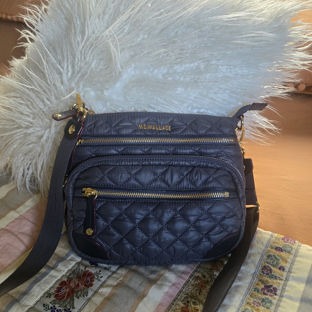 MZ Wallace Quilted Grey Crossbody Bag with Gold Accents